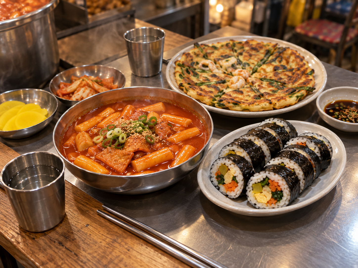 떡볶이와 김밥, 부침개가 차려진 서울 시장의 식탁