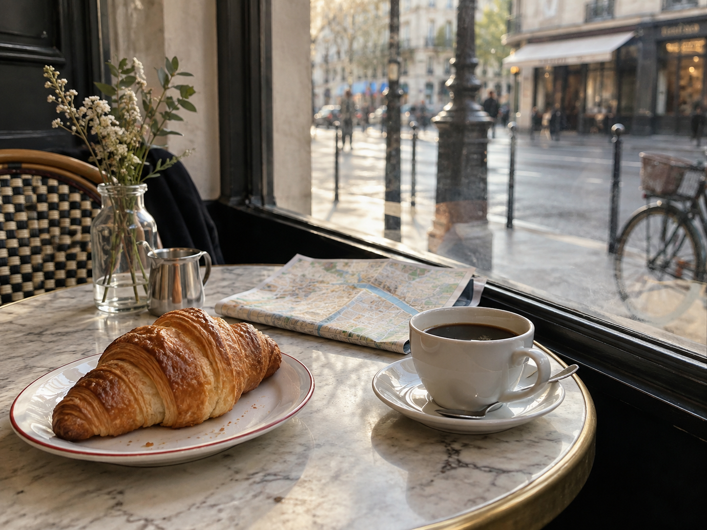 Une rue parisienne au petit matin avec la tour Eiffel au loin