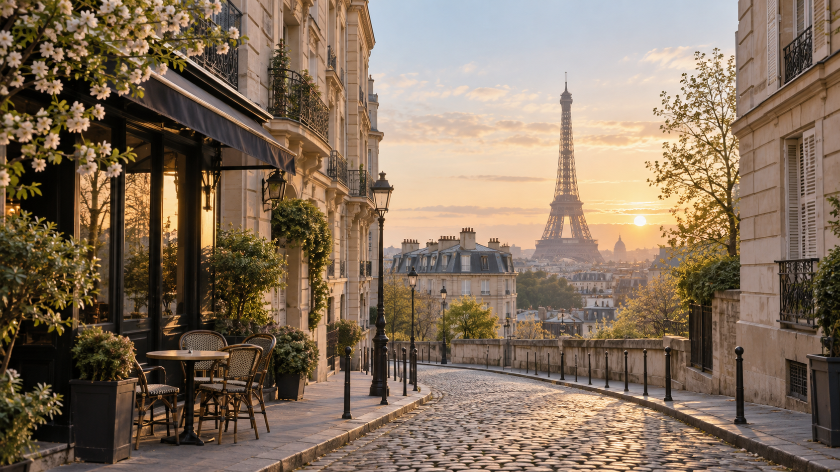 Une rue parisienne au petit matin avec la tour Eiffel au loin